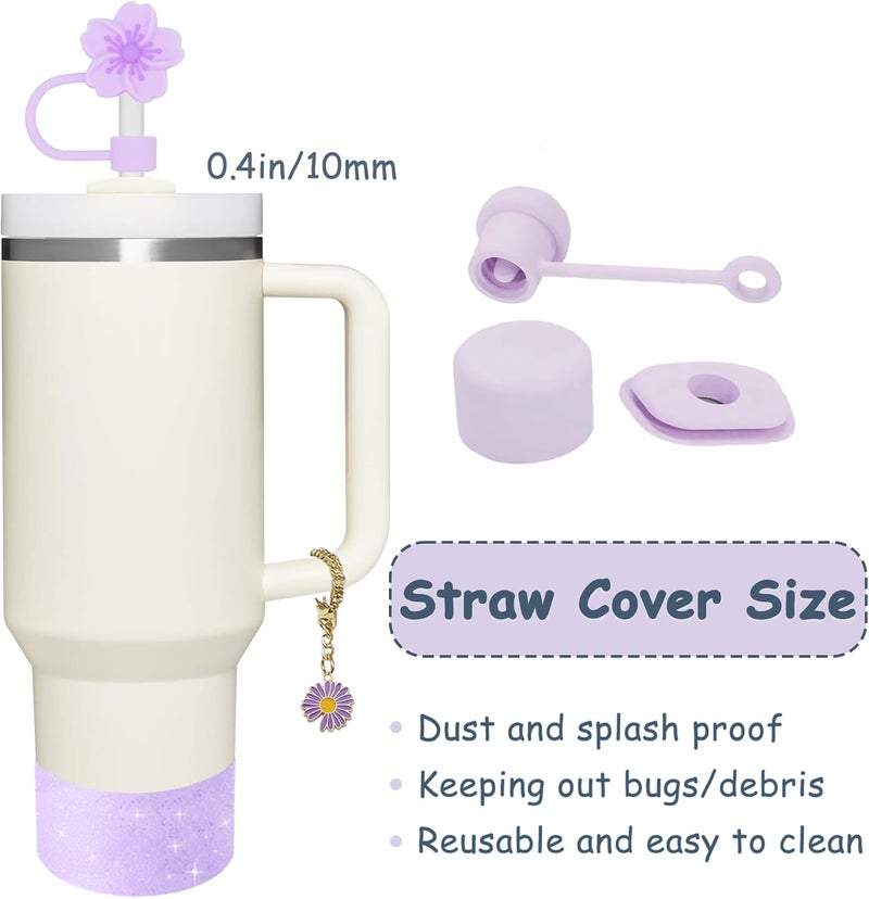 vikgle Stanley Cup Accessories Set for 40oz & 30oz Tumblers - Handle Strap, Spill-Proof Stopper, Silicone Straw Cover, Boot Base Protector, Keychain & Handle Charms(Purple) - Image 3